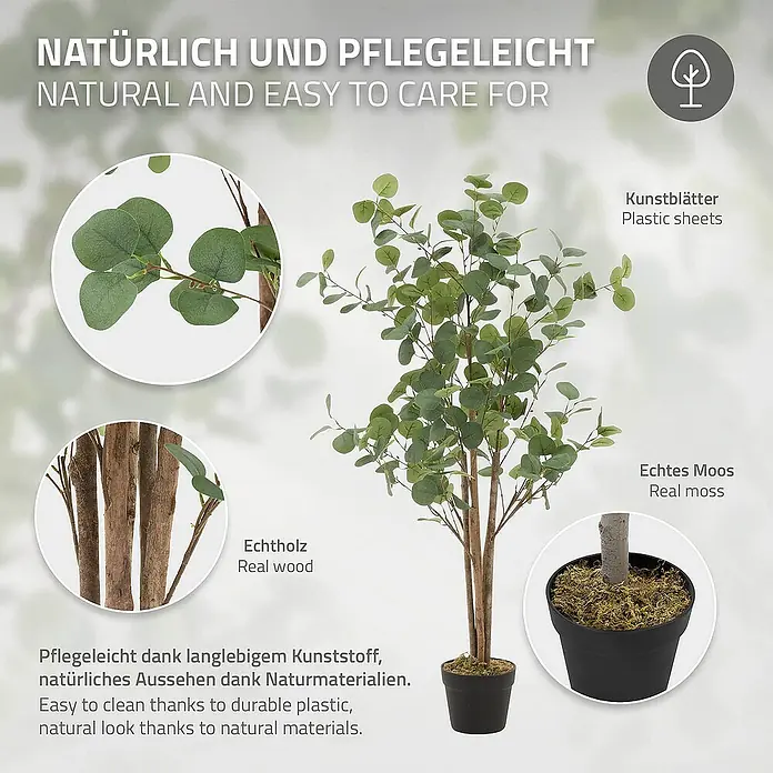 ML-Design Kunstpflanze Kunstbaum Eukalyptus für Innen & Außen mit Echtem Moos & Echtholzstamm - Höhe: 120 cm, Blütenfarbe: Grün, Holz - Produktfoto einer künstlichen Eukalyptuspflanze im Topf mit Details zu den verwendeten Materialien.