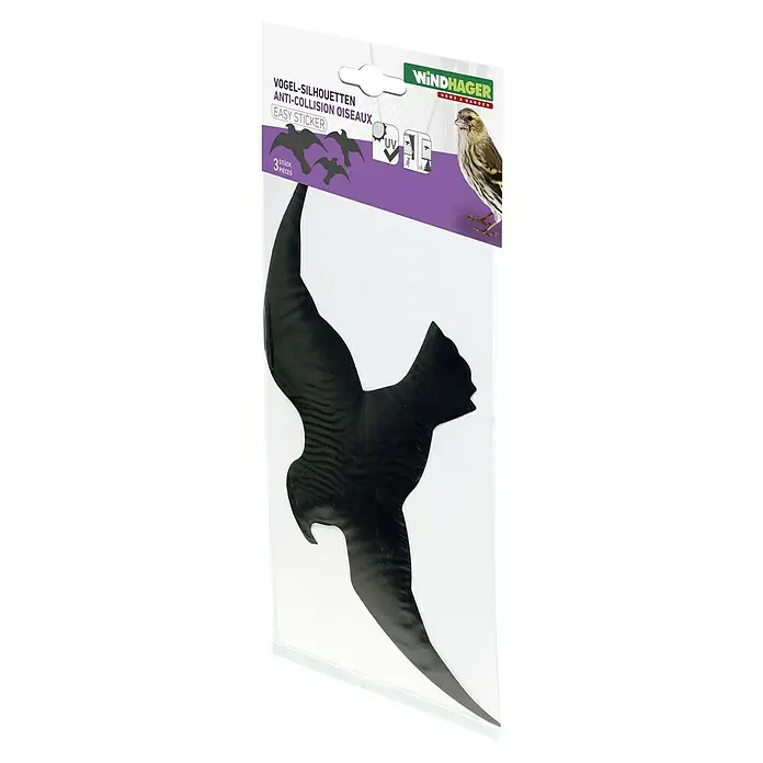 Windhager Fensteraufkleber Vogelsilhouetten - Schwarz - Das Produkt ist ein Anti-Kollisions-Aufkleber für Fenster mit Vogel-Silhouette von Windhager, der dazu dient, Vogelschläge zu verhindern.