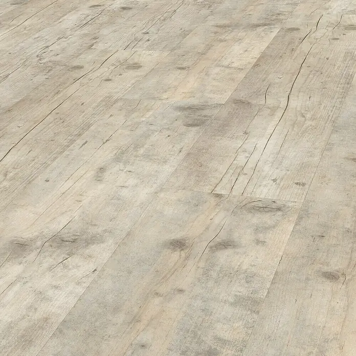 Parador Vinylbodenmuster Classic 2030 Altholz geweißt Holzstruktur - 200 x 216 x 9,6 mm, Landhausdiele - Helles Laminat mit Holzstruktur. Die Dielen haben eine realistische Maserung und Astlöcher, die für ein natürliches Aussehen sorgen.
