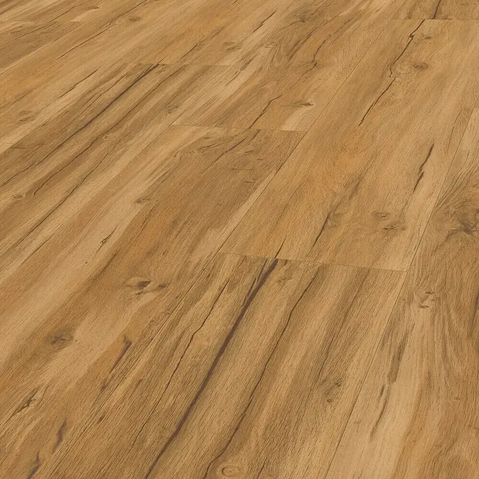Parador Vinylboden Classic 2030 - Eiche Memory natur Gebürstete Struktur, Landhausdiele, 1.207 x 216 x 9,6 mm - Detailaufnahme eines Laminatbodens in warmen Holztönen, der eine natürliche und einladende Atmosphäre schafft.\n