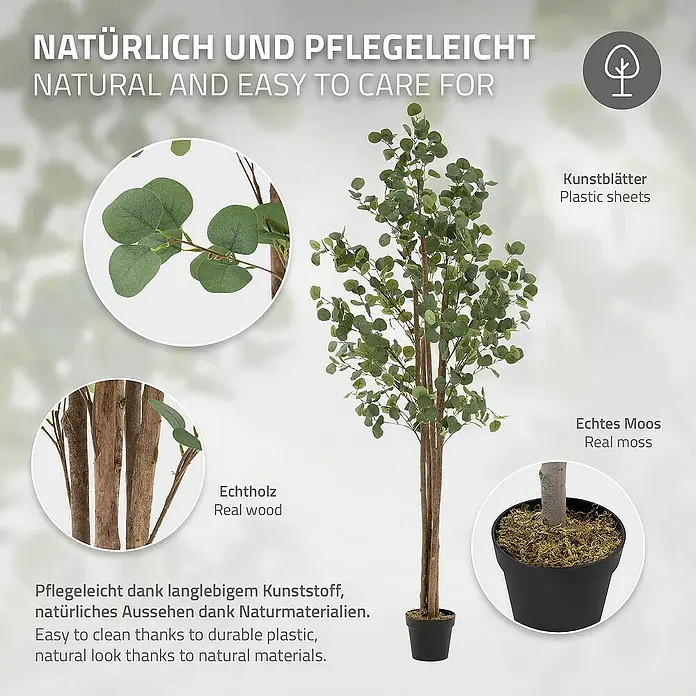 ML-Design Kunstpflanze Kunstbaum Eukalyptus für Innen & Außen mit Echtem Moos & Echtholzstamm - Höhe: 210 cm, Blütenfarbe: Grün, Holz - Abbildung eines künstlichen Eukalyptusbaums mit Echtholzstamm und Moos im Topf, der eine natürliche und pflegeleichte Dekoration bietet.