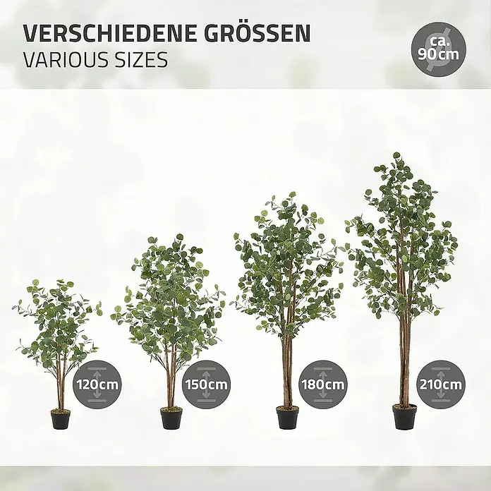 ML-Design Kunstpflanze Kunstbaum Eukalyptus für Innen & Außen mit Echtem Moos & Echtholzstamm - Höhe: 120 cm, Blütenfarbe: Grün, Holz - Verschiedene Größen von künstlichen Eukalyptusbäumen in Töpfen, von 120cm bis 210cm Höhe.\n
