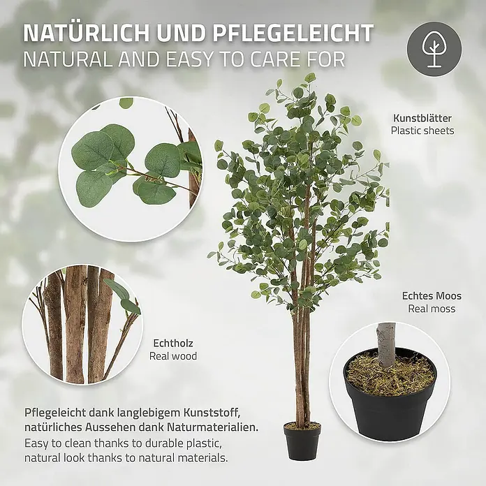 ML-Design Kunstpflanze Kunstbaum Eukalyptus für Innen & Außen mit Echtem Moos & Echtholzstamm - Höhe: 180 cm, Blütenfarbe: Grün, Holz - Das Bild zeigt einen künstlichen Eukalyptusbaum im Topf mit Echtholzstämmen, Moos und Kunststoffblättern.