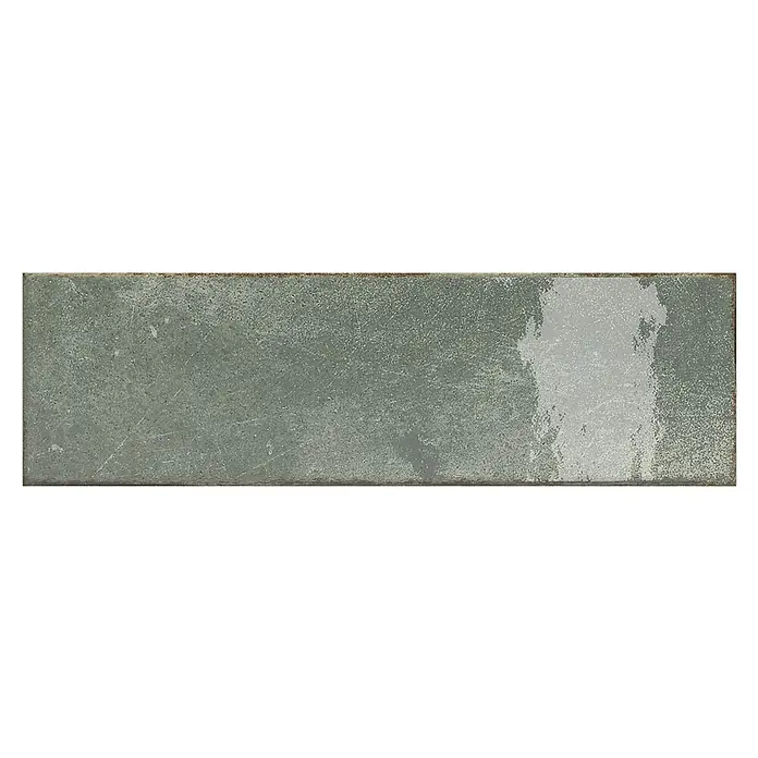 Wandfliese Infinity 9185 - 7,5 x 25 cm, Grün, Glänzend - Graue Fliese mit gesprenkelter Textur und glänzendem Streifen für ein modernes und stilvolles Design.