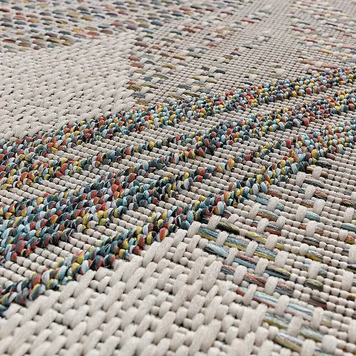 Dekoria Flachgewebeteppich - beige, braun, bunt, 230 x 160 cm - Nahaufnahme eines gewebten Teppichs mit einem Muster aus Naturtönen und Farbakzenten, der eine robuste und stilvolle Textur zeigt.