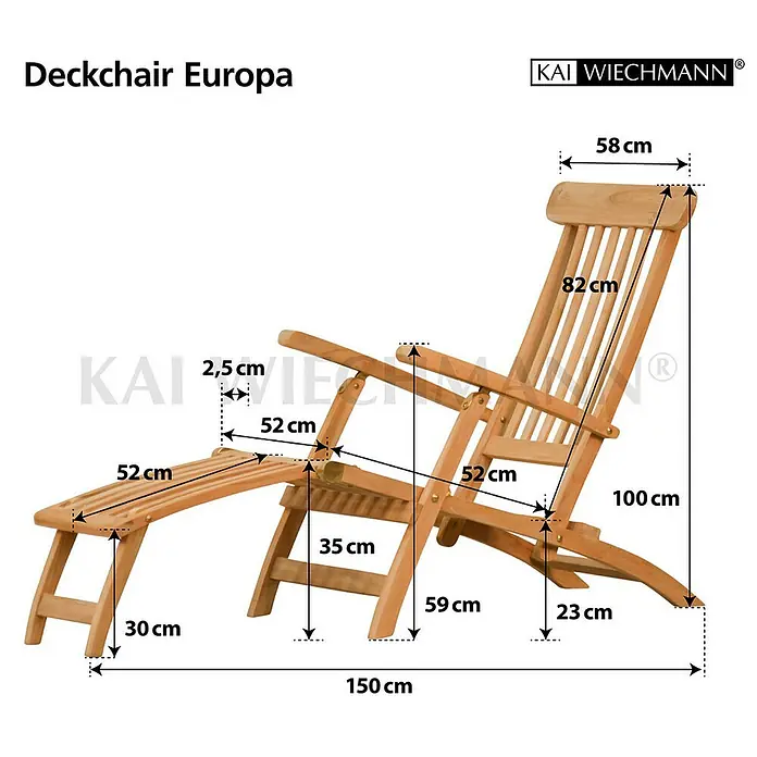 Kai Wiechmann Garten-Liegestuhl - Teak, Klappbar, Naturbelassen - Produktbild des "Deckchair Europa" mit Maßangaben. Die Abmessungen des Holz-Deckchairs sind übersichtlich dargestellt.
