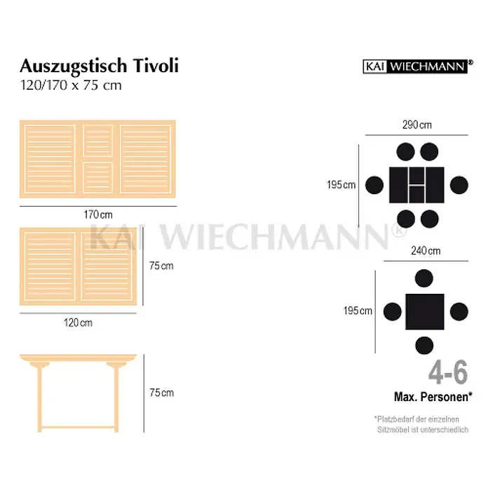 Kai Wiechmann Gartentisch - L x B x H: 120 x 75 x 75 cm, Teak, Rechteckig, Naturbelassen - Abbildung des Auszugstisches Tivoli in verschiedenen Größen und Ansichten, mit Maßen und Platzbedarf für 4-6 Personen.