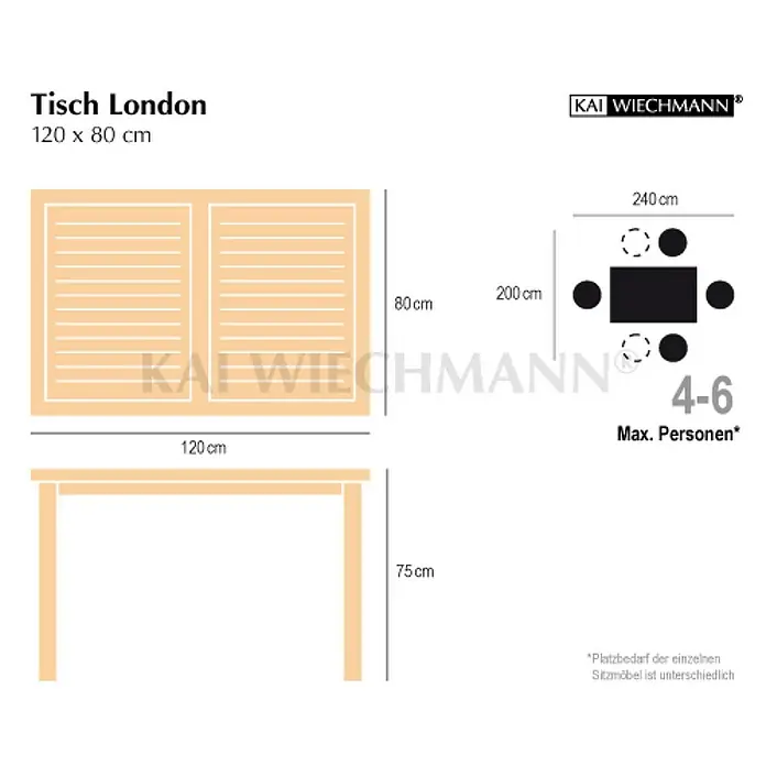 Kai Wiechmann Gartentisch - L x B x H: 120 x 80 x 75 cm, Teakholz, Rechteckig, Naturbelassen - Produktbild eines Tisches London mit den Maßen 120 x 80 cm, einer Höhe von 75 cm und einer Kapazität von 4-6 Personen.