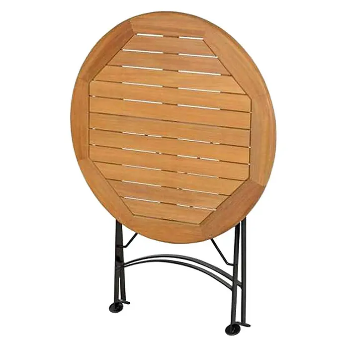 Kai Wiechmann Gartentisch - L x B x H: 70 x 70 x 72 cm, Ø x H: 70 x 72 cm, Teak, Rund, Naturbelassen - Bild eines runden, hölzernen Gartentisches mit klappbarem, schwarzem Metallgestell für den Außenbereich, ideal für kleine Balkone.