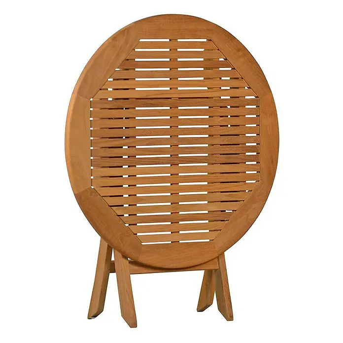 Kai Wiechmann Gartentisch - Ø x H: 90 x 75 cm, Teakholz, Rund, Naturbelassen - Eine Nahaufnahme eines runden, hölzernen Gartentisches mit Lattenrost und einem klappbaren Untergestell.