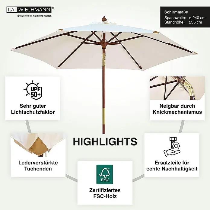 Kai Wiechmann Marktschirm - Weiß|Altweiß|Ecru|Natur|Beige|Creme - Bild eines Kai Wiechmann Sonnenschirms mit Highlights wie UPF 50+, Lederverstärkung, Knickmechanismus, FSC-Holz und Ersatzteilen.