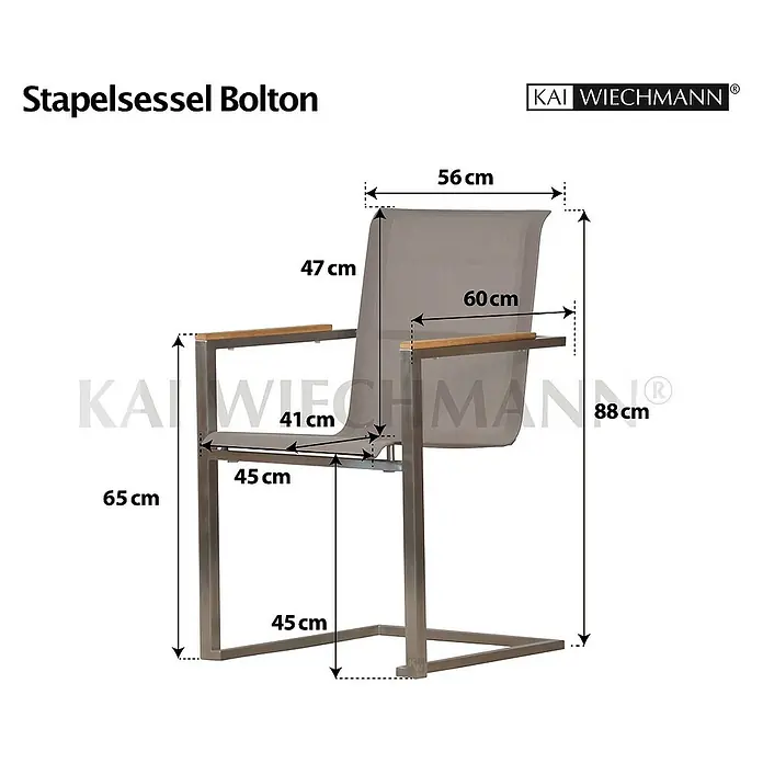 Kai Wiechmann Gartenstuhl - Stapelbar, Silber, B x T x H: 56 x 60 x 88 cm - Abbildung eines Stapelsessels Bolton mit Maßangaben. Der Sessel hat eine graue Sitzfläche und Armlehnen aus Holz, montiert auf einem Metallrahmen.