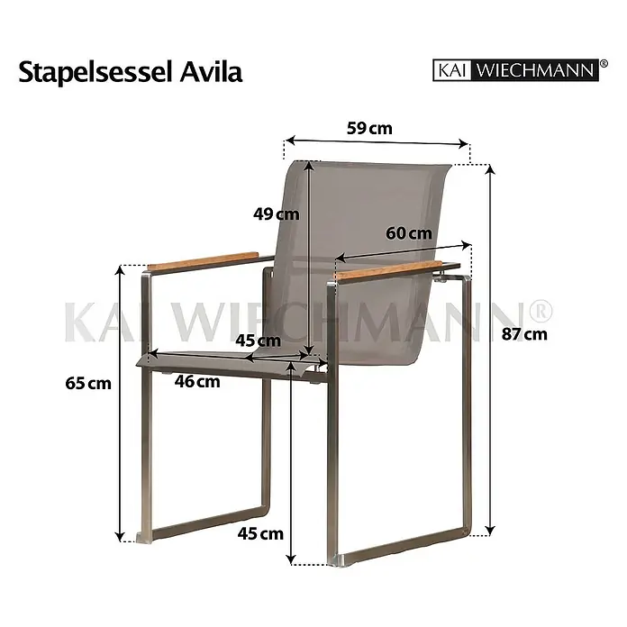 Kai Wiechmann Gartenstuhl - Stapelbar, Silber, B x T x H: 59 x 60 x 87 cm - Abbildung eines Stapelsessels Avila mit Maßangaben, der die Abmessungen des Möbelstücks detailliert darstellt.