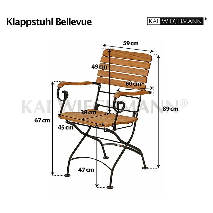 Kai Wiechmann Gartenstuhl - Teakholz, Klappbar, Naturbelassen, B x T x H: 59 x 60 x 89 cm - Bild eines Klappstuhls Bellevue mit Maßangaben.