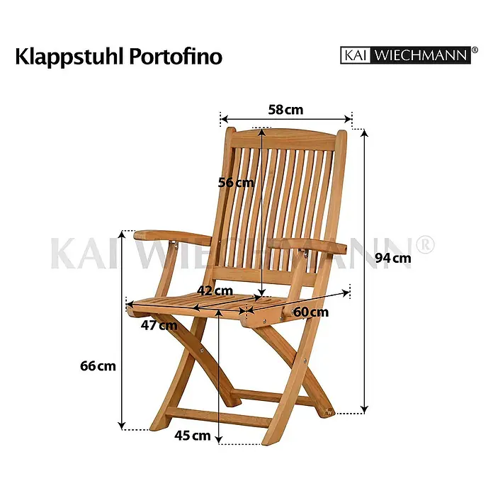 Kai Wiechmann Gartenstuhl - Teakholz, Klappbar, Naturbelassen, B x T x H: 58 x 60 x 94 cm - Produktbild: Klappstuhl Portofino mit Maßen. Hochwertiger Klappstuhl aus Holz, ideal für Garten und Balkon. Alle Maße sind auf dem Bild dargestellt.
