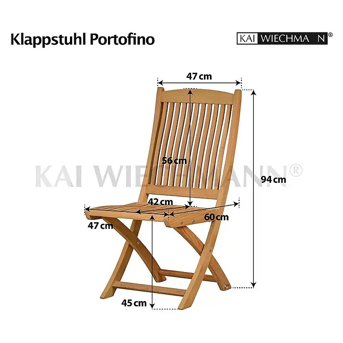 Kai Wiechmann Gartenstuhl - Teakholz, Klappbar, Naturbelassen, B x T x H: 47 x 60 x 94 cm - Bild eines Klappstuhls Portofino mit Maßangaben. Er ist aus Holz gefertigt und zeigt die Abmessungen in Zentimetern.