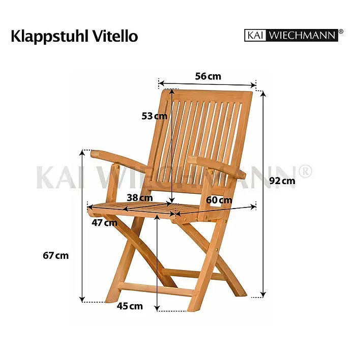 Kai Wiechmann Gartenstuhl - Teakholz, Klappbar, Naturbelassen, B x T x H: 56 x 60 x 92 cm - Abmessungen des Klappstuhls Vitello mit Details zu Höhe, Breite und Tiefe.