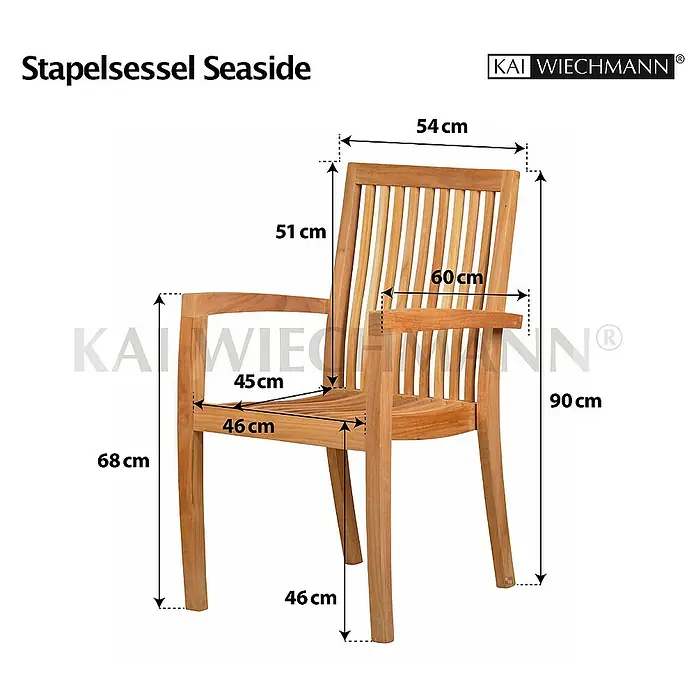 Kai Wiechmann Gartenstuhl - Teakholz, Stapelbar, Naturbelassen - Abbildung eines Stapelsessels Seaside mit Maßangaben, der einen detaillierten Überblick über seine Abmessungen bietet.
