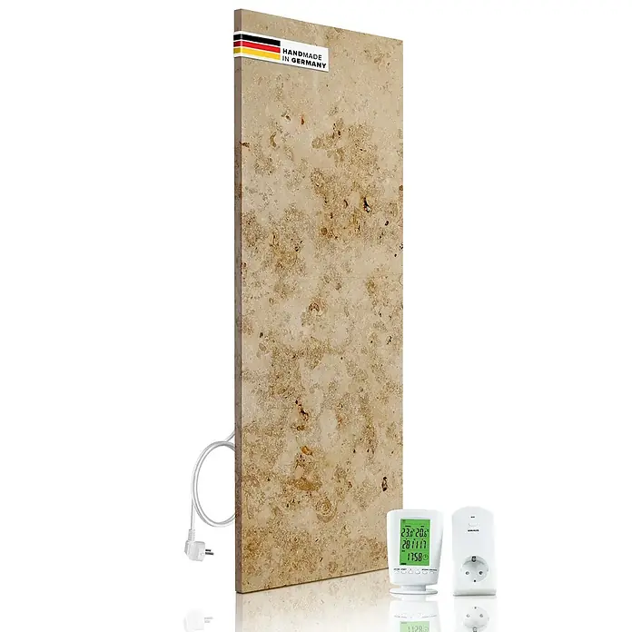 Marwona Infrarotheizkörper Infrarotheizung - 800 W, Lymonit 800 Watt - Bild eines flachen Heizkörpers aus Naturstein mit einem Thermostat zur Temperaturregelung.