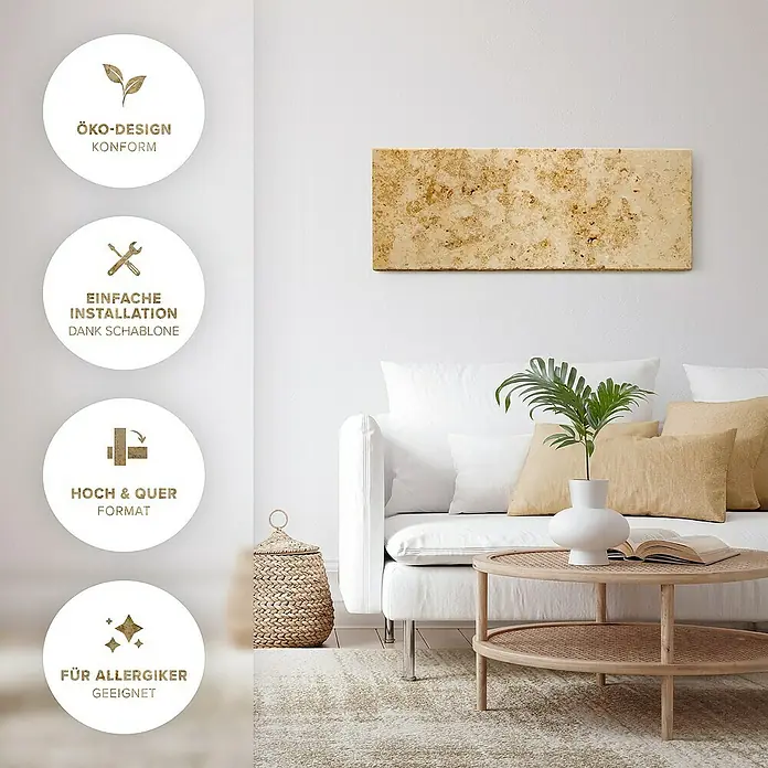 Marwona Infrarotheizkörper Infrarotheizung - 800 W, Lymonit 800 Watt - Ein stilvolles Wandpaneel aus Travertin, das über einem weißen Sofa hängt, mit runden Symbolen, die seine umweltfreundlichen Eigenschaften hervorheben.