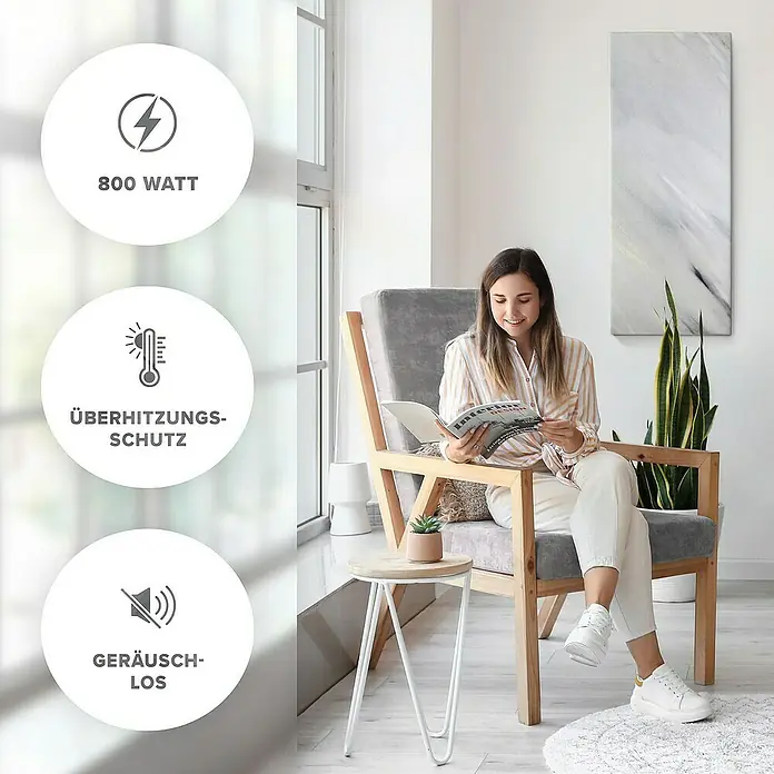 Marwona Infrarotheizkörper Infrarotheizung - 800 W, Bianco 800 Watt Smart Home - Illustration eines Heizgeräts mit 800 Watt, Überhitzungsschutz und geräuschlosem Betrieb für ein angenehmes Raumklima.