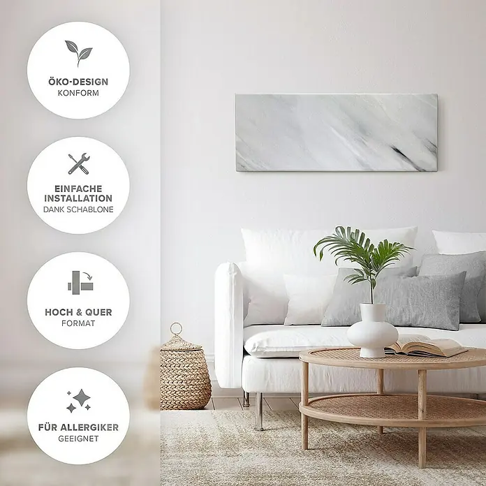 Marwona Infrarotheizkörper Infrarotheizung - 800 W, Bianco 800 Watt Smart Home - Das Bild zeigt eine moderne Marmor-Wandheizung über einem Sofa in einem hellen Wohnzimmer.