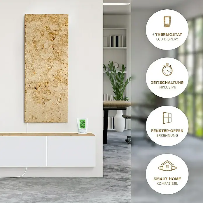 Marwona Infrarotheizkörper Infrarotheizung - 800 W, Lymonit 800 Watt - Ein Infrarot-Heizpaneel aus Naturstein hängt an der Wand und bietet Funktionen wie Thermostat, Zeitschaltuhr und Smart Home Kompatibilität.