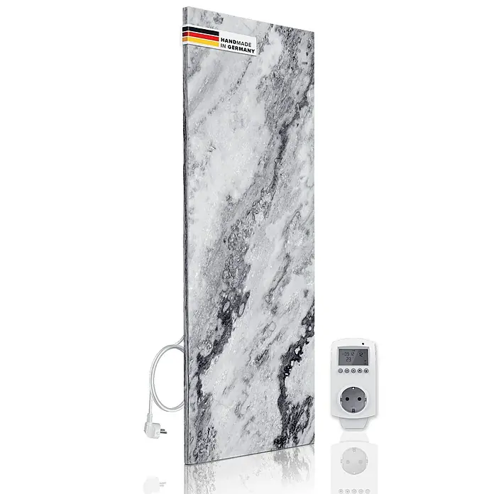 Marwona Infrarotheizkörper Infrarotheizung - B x H: 40 x 100 cm, 800 W, Qarama 800 Watt Smart Home - Abbildung einer Marmor-Infrarotheizung mit Stecker und Energiekostenmessgerät, die effiziente und stilvolle Heizungslösung für Ihr Zuhause.