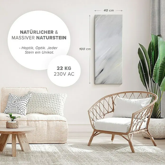Marwona Infrarotheizkörper Infrarotheizung - 800 W, Bianco 800 Watt Smart Home - Eine Marmorplatte mit den Maßen 40 x 100 cm hängt an der Wand, daneben eine Korbsessel und ein Sofa.