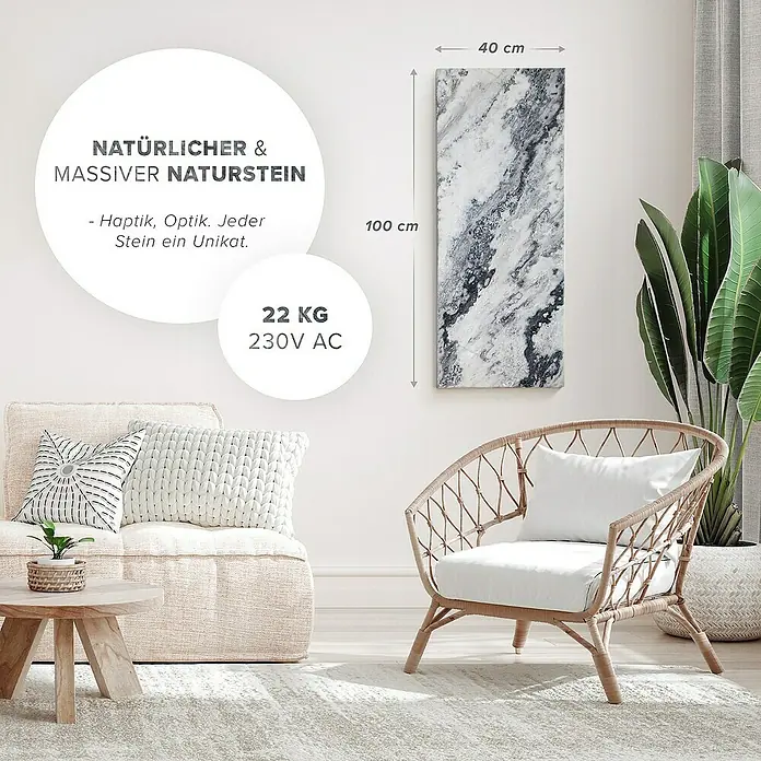 Marwona Infrarotheizkörper Infrarotheizung - B x H: 40 x 100 cm, 800 W, Qarama 800 Watt Smart Home - Ein Innenraum mit einem Naturstein-Heizpaneel an der Wand, umgeben von einem Sofa, Sessel und Zimmerpflanze.