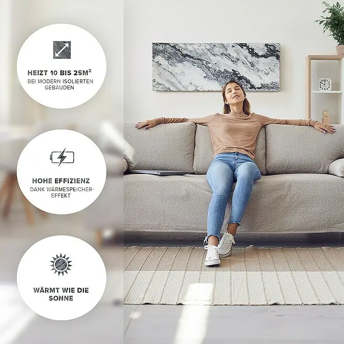 Marwona Infrarotheizkörper Infrarotheizung - B x H: 40 x 100 cm, 800 W, Qarama 800 Watt Smart Home - Eine Frau entspannt auf einem Sofa. Das Bild betont die Heizeffizienz und die Fähigkeit, Räume bis zu 25m² in modernen Gebäuden zu heizen.
