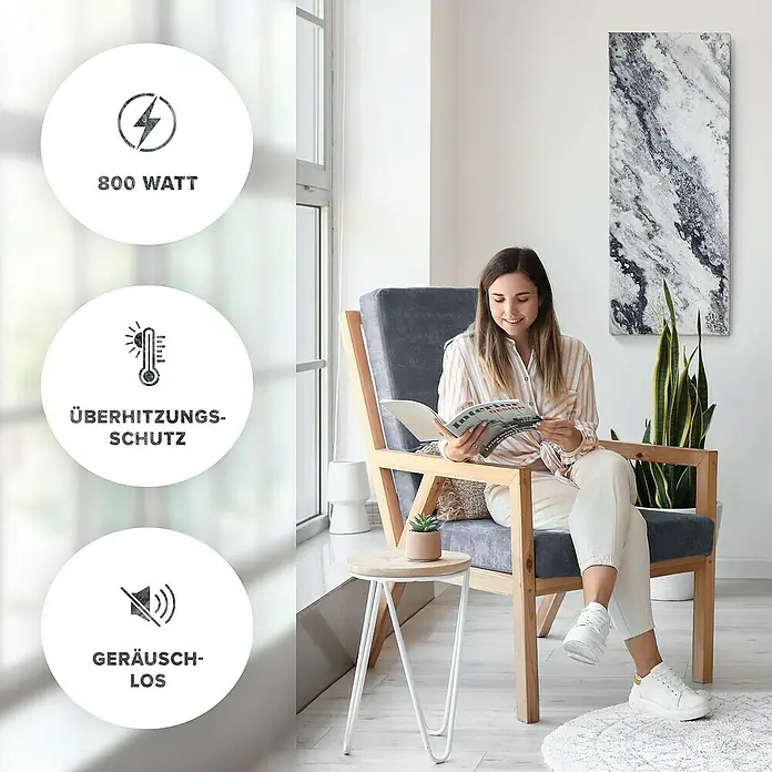 Marwona Infrarotheizkörper Infrarotheizung - B x H: 40 x 100 cm, 800 W, Qarama 800 Watt Smart Home - Infrarotheizung mit 800 Watt, Überhitzungsschutz und geräuschlosem Betrieb für angenehme Wärme im Raum.