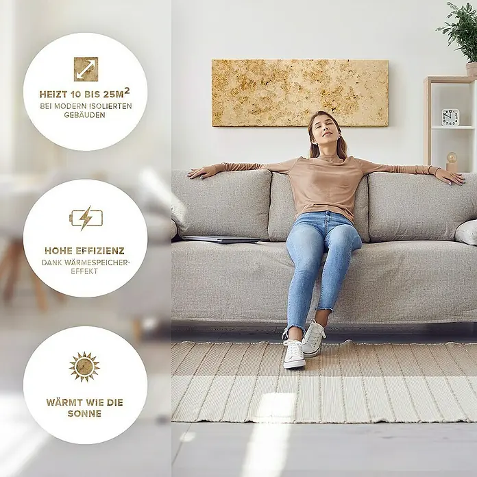 Marwona Infrarotheizkörper Infrarotheizung - 800 W, Lymonit 800 Watt Smart Home - Das Bild zeigt eine entspannte Frau auf einem Sofa, mit Icons für Heizleistung, Effizienz und Sonnenwärme.