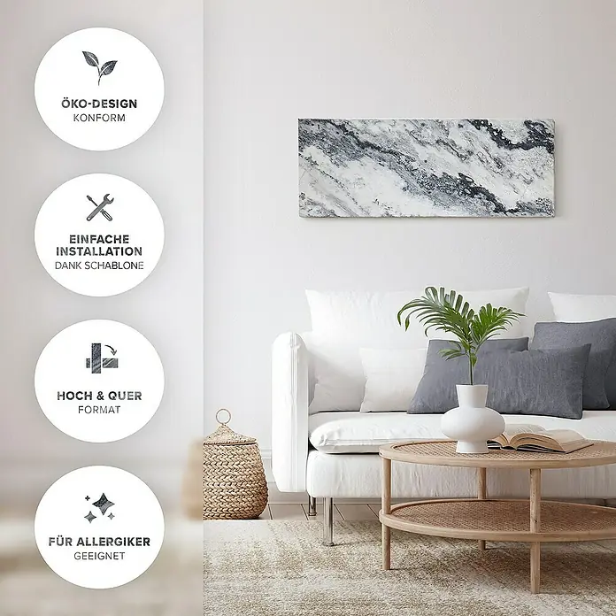 Marwona Infrarotheizkörper Infrarotheizung - B x H: 40 x 100 cm, 800 W, Qarama 800 Watt Smart Home - Nahaufnahme des Produkts, das mit Öko-Design, einfacher Installation, Hoch- und Querformat und Eignung für Allergiker beworben wird.