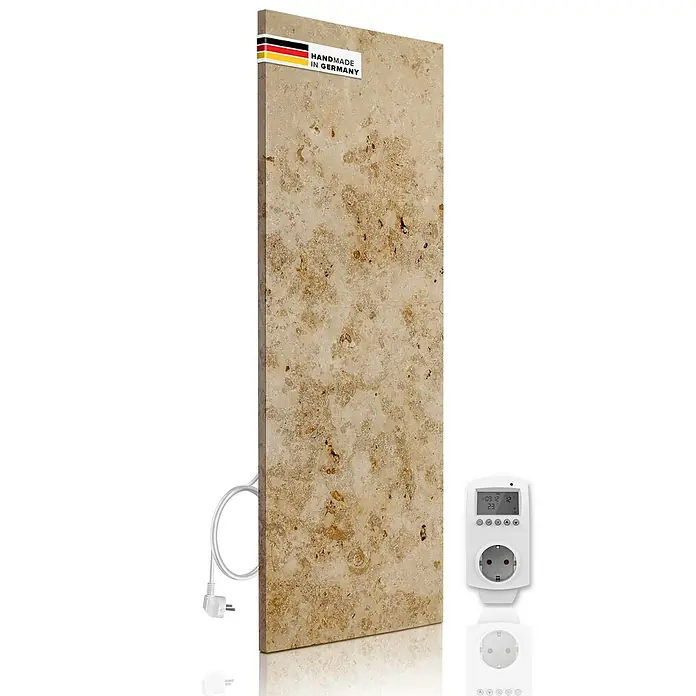 Marwona Infrarotheizkörper Infrarotheizung - 800 W, Lymonit 800 Watt Smart Home - Das Bild zeigt einen Infrarotheizkörper aus Travertin mit Thermostat und Zeitschaltuhr, ein Qualitätsprodukt "Handmade in Germany".