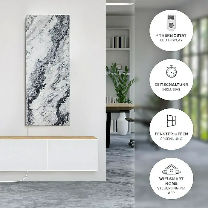 Marwona Infrarotheizkörper Infrarotheizung - B x H: 40 x 100 cm, 800 W, Qarama 800 Watt Smart Home - Bild einer Infrarotheizung in Marmoroptik mit digitalem Thermostat, Zeitschaltuhr, Fenster-Offen-Erkennung und Steuerung per App.