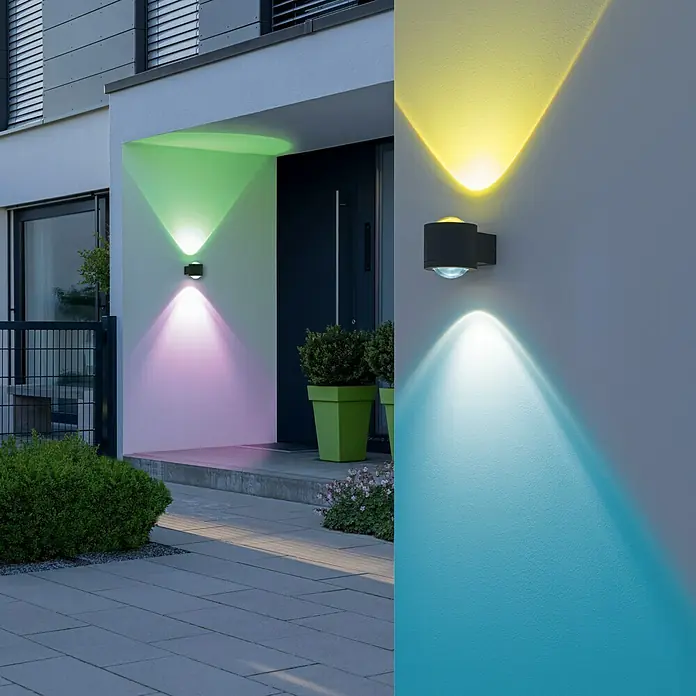 Starlux LED-Außenwandleuchte Fano - 10 W, 12 x 9 x 10,5 cm, Anthrazit, IP54 - Wandleuchten mit bunten Lichtstrahlen. Die Leuchten sind würfelförmig und werfen farbige Lichtakzente an die Hauswand.