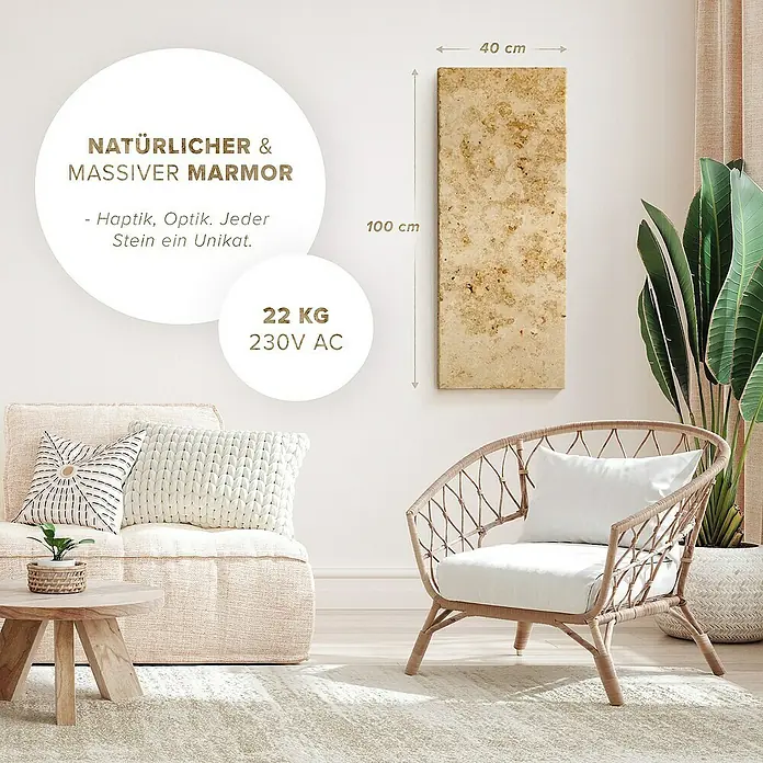 Marwona Infrarotheizkörper Infrarotheizung - 800 W, Lymonit 800 Watt Smart Home - Ein Natursteinpaneel aus massivem Marmor (100x40cm) mit 22KG und 230V AC wird in einem Wohnzimmer Arrangement gezeigt.