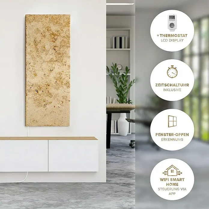 Marwona Infrarotheizkörper Infrarotheizung - B x H: 40 x 100 cm, 800 W, Lymonit 800 Watt Smart Home - Das Bild zeigt eine moderne Infrarotheizung mit Thermostat, Zeitschaltuhr, Fenster-Offen-Erkennung und WiFi Smart Home Steuerung.
