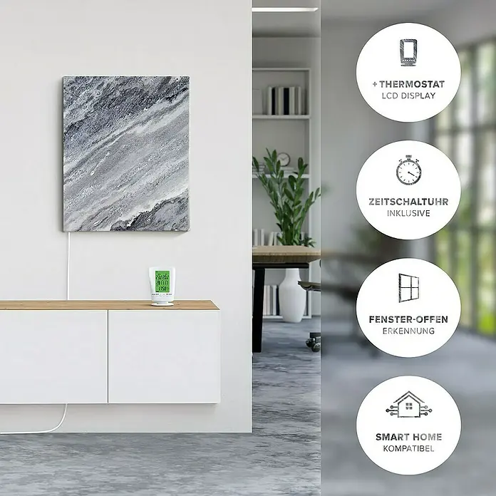 Marwona Infrarotheizkörper Infrarotheizung - B x H: 50 x 60 cm, 500 W, Qarama 500 Watt - Das Bild zeigt einen Marmorheizkörper an einer Wand montiert, unter dem sich ein Tisch mit einem Display befindet.