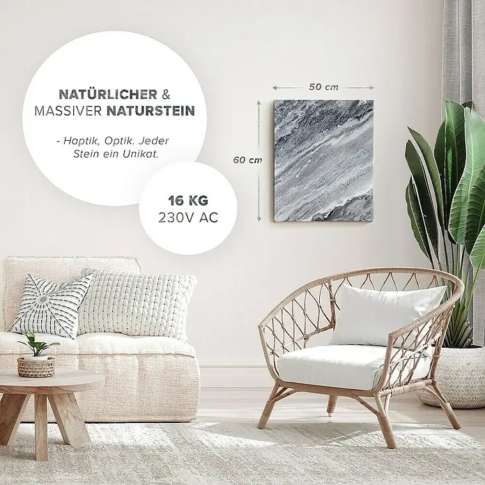 Marwona Infrarotheizkörper Infrarotheizung - B x H: 50 x 60 cm, 500 W, Qarama 500 Watt - Naturstein-Wandpaneel mit den Maßen 50 x 60 cm, Gewicht 16 kg, 230V AC, für eine natürliche und massive Wandgestaltung.