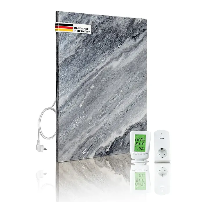 Marwona Infrarotheizkörper Infrarotheizung - B x H: 50 x 60 cm, 500 W, Qarama 500 Watt - Bild einer Marmor-Infrarotheizung mit Thermostat und Steckdose, hergestellt in Deutschland.