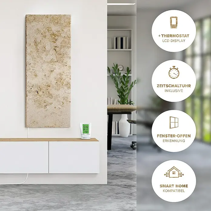 Marwona Infrarotheizkörper Infrarotheizung - B x H: 40 x 100 cm, 420 W, Jura Silver 420 Watt - Das Bild zeigt einen modernen Heizkörper mit Thermostat, LCD-Display, Zeitschaltuhr, Fenster-Offen-Erkennung und Smart-Home-Kompatibilität.