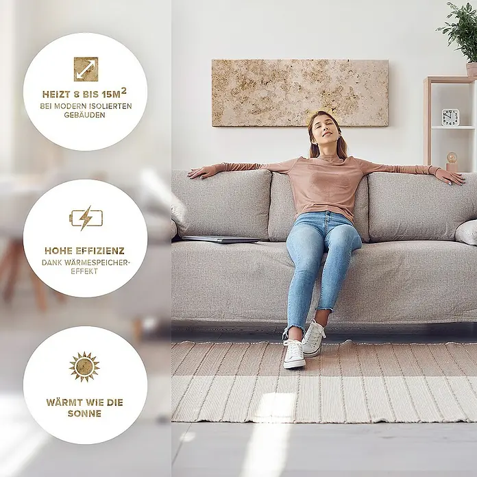 Marwona Infrarotheizkörper Infrarotheizung - B x H: 40 x 100 cm, 420 W, Jura Silver 420 Watt - Eine entspannte Frau auf einem Sofa, umgeben von Werbebotschaften, die die Effizienz und Wärme des Produkts hervorheben.