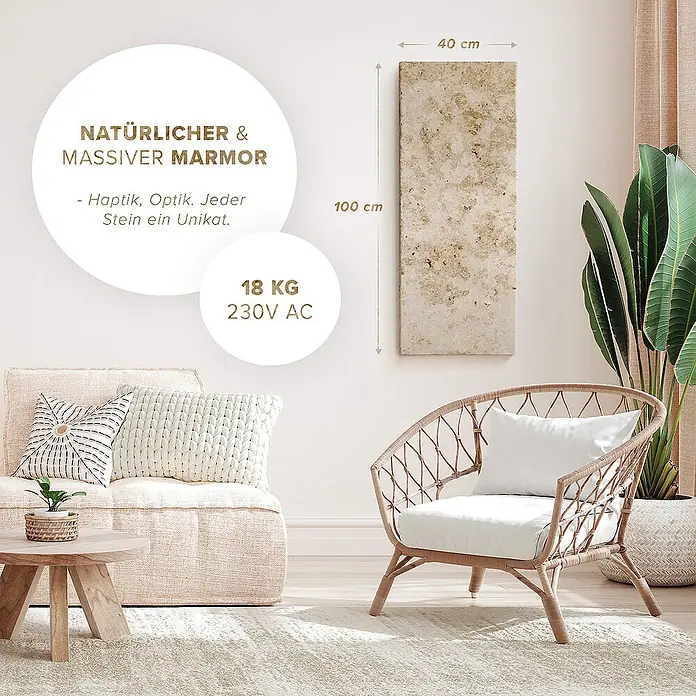 Marwona Infrarotheizkörper Infrarotheizung - B x H: 40 x 100 cm, 420 W, Jura Silver 420 Watt - Nahaufnahme einer Marmorplatte (100x40cm) mit den Eigenschaften: natürlich & massiv, 18 kg Gewicht, 230V AC für die Wandmontage im Wohnbereich.