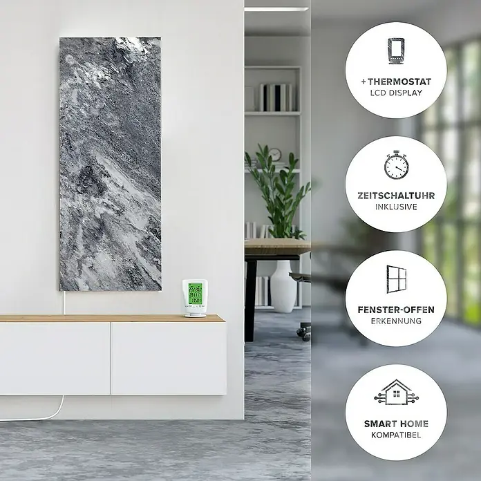 Marwona Infrarotheizkörper Infrarotheizung - B x H: 40 x 100 cm, 800 W, Shadow Grey 800 Watt - Das Bild zeigt eine elegante Marmor-Infrarotheizung mit Thermostat, LCD-Display, Zeitschaltuhr, Fenster-offen-Erkennung und Smart Home Kompatibilität.