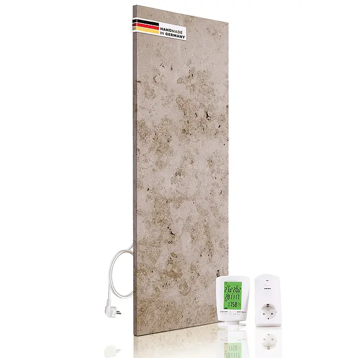Marwona Infrarotheizkörper Infrarotheizung - B x H: 40 x 100 cm, 420 W, Jura Silver 420 Watt - Ein Infrarot-Heizpaneel mit "Handmade in Germany"-Siegel, Thermometer und Steckdosen. Elegante und effiziente Heizlösung für Ihr Zuhause.
