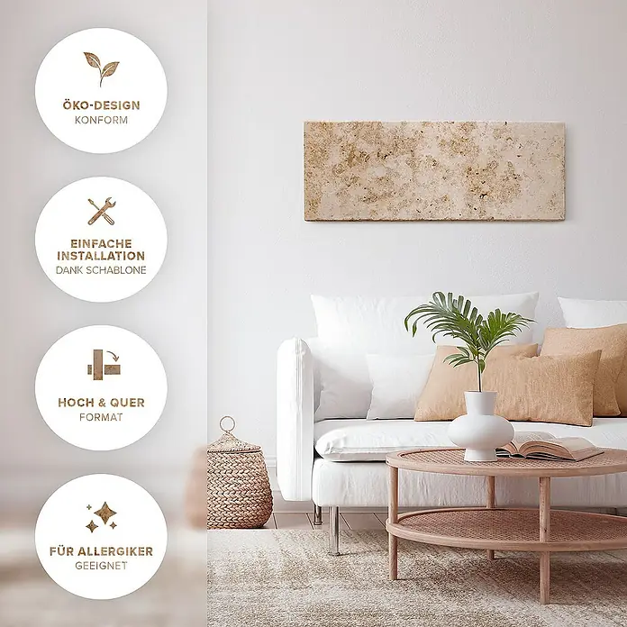 Marwona Infrarotheizkörper Infrarotheizung - B x H: 40 x 100 cm, 420 W, Jura Silver 420 Watt - Wandpaneel aus Travertin mit Öko-Design, einfacher Installation, für Hoch- und Querformat und für Allergiker geeignet.