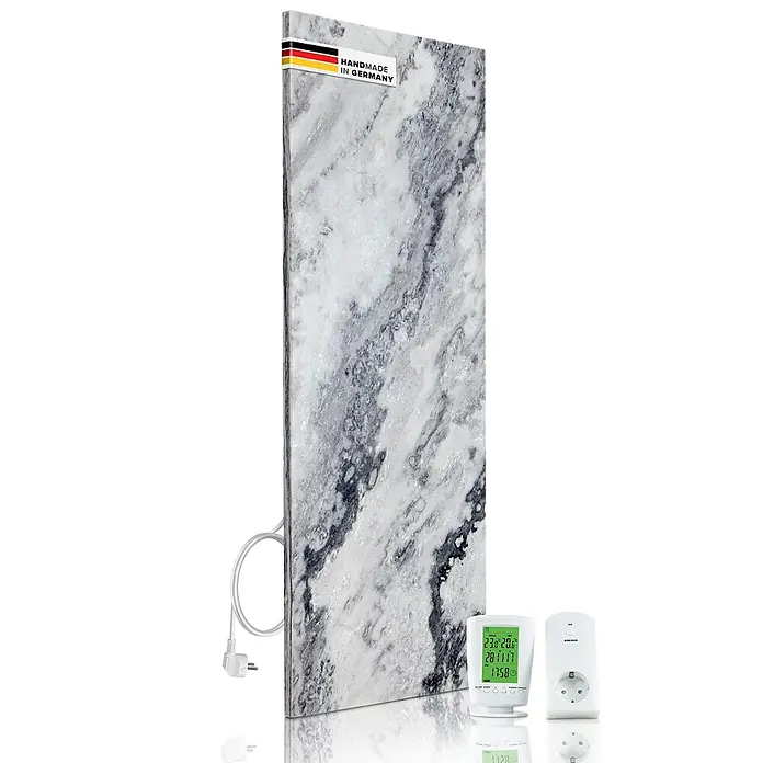 Marwona Infrarotheizkörper Infrarotheizung - 800 W, Qarama 800 Watt - Das Bild zeigt einen Marmor-Heizkörper mit digitalem Thermostat, der für angenehme Wärme und stilvolles Design sorgt.