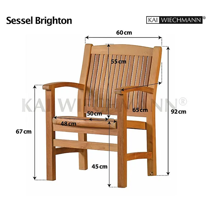 Kai Wiechmann Gartensessel - Teakholz, Naturbelassen, B x T x H: 60 x 65 x 92 cm - Abmessungen des Sessels Brighton aus Holz mit Armlehne, Rückenlehne mit Querstreben und einer Sitzhöhe von 45 cm.